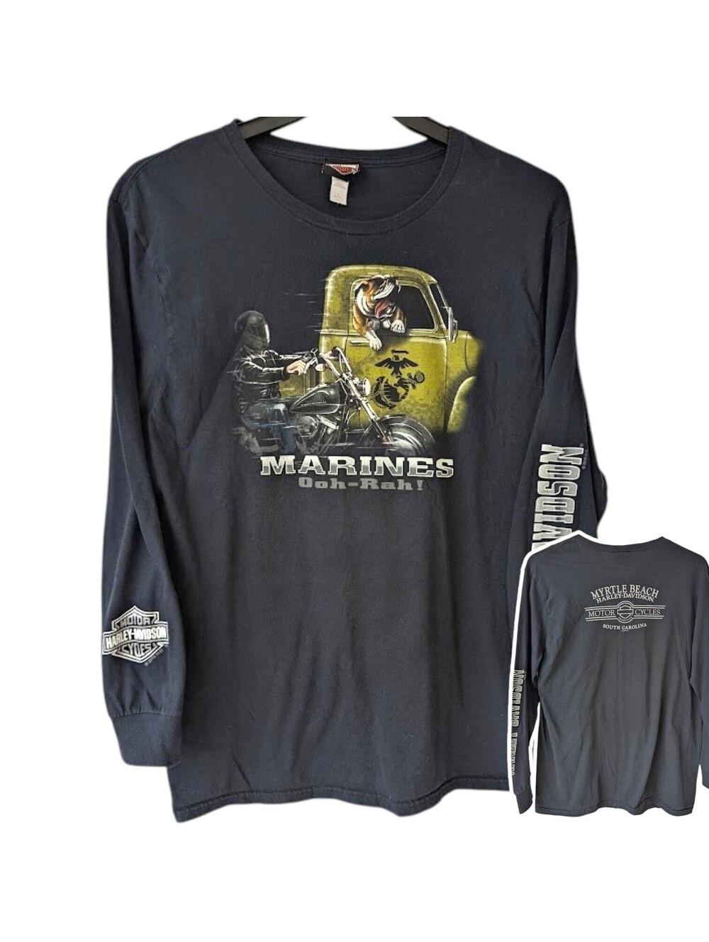 Harley-Davidson T-Shirt Large Long Sleeve Marines Dog Truck Myrtle Beach 21x29.5